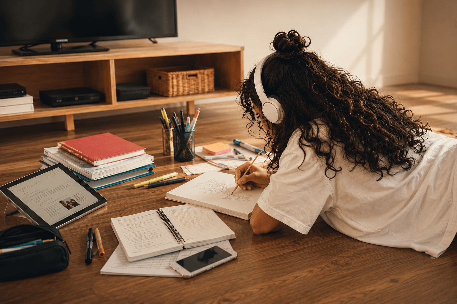 Adolescente com fones de ouvido desenhando no chão entre cadernos, tablet e materiais escolares.