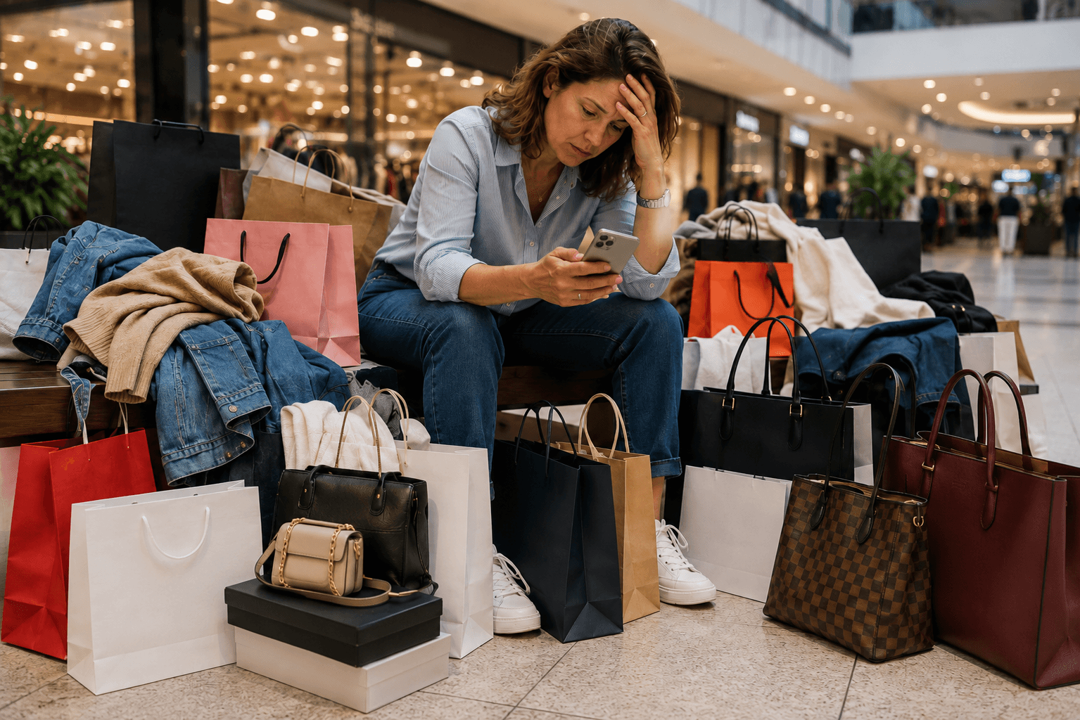 Pessoa diante de compras e celular, representando a perda de controle associada à oniomania