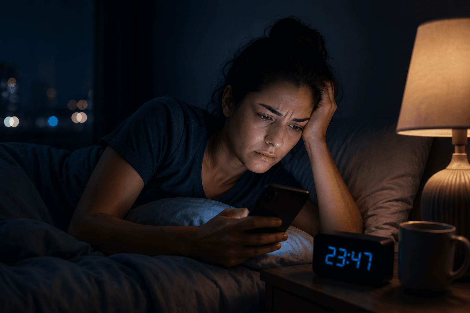Pessoa acordada à noite usando o celular enquanto tenta dormir