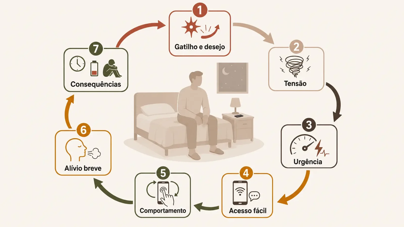 Diagrama do ciclo da pornografia compulsiva: gatilho e desejo, tensão, urgência, acesso fácil, comportamento, alívio breve e consequências.