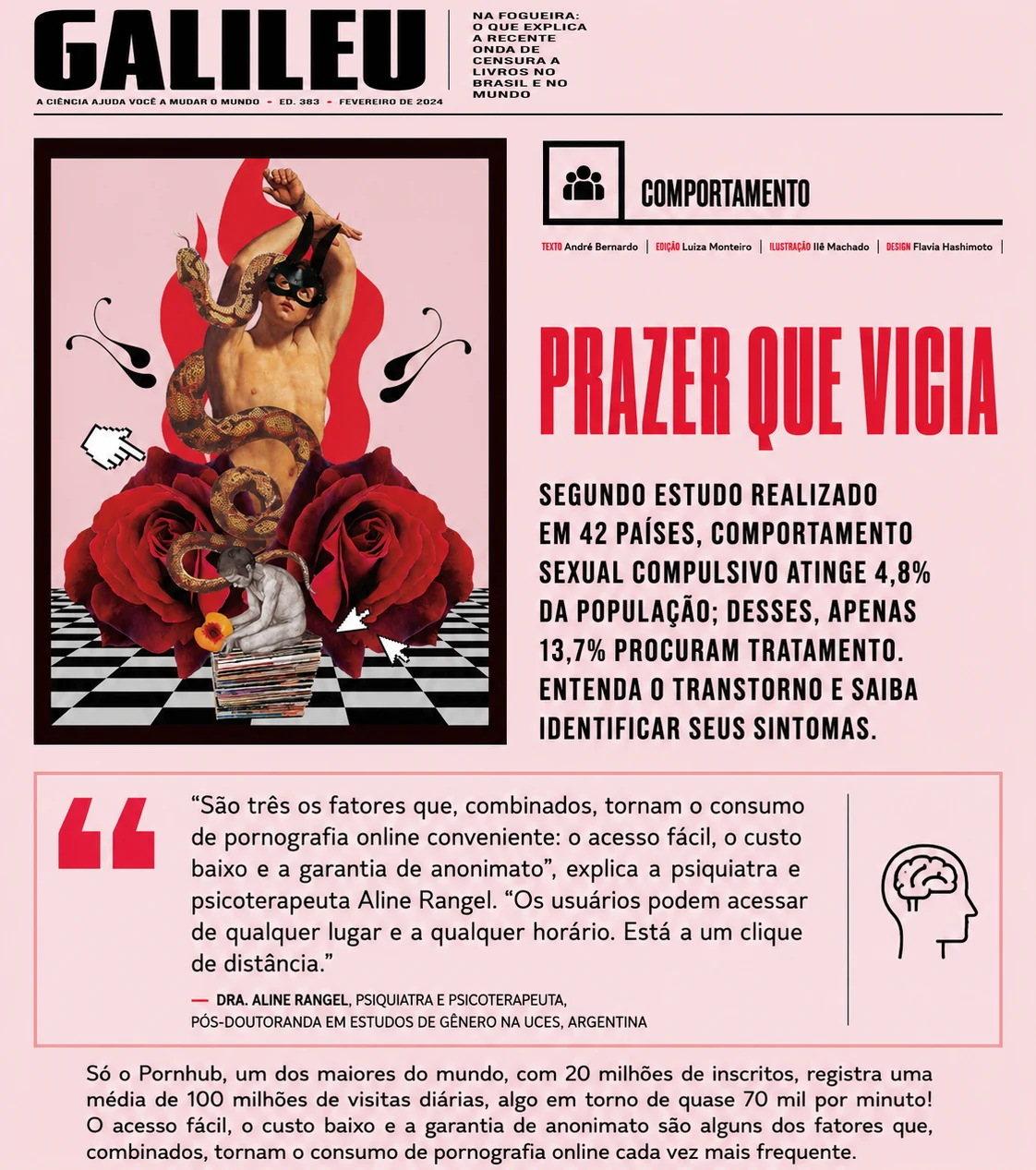 Montagem da reportagem Prazer que vicia, da revista Galileu, com destaque para fala da Dra. Aline Rangel sobre acesso fácil, baixo custo e anonimato.