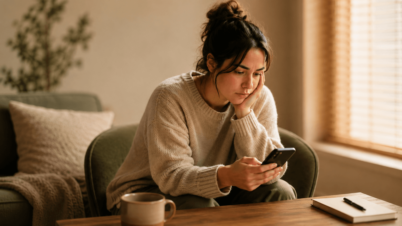 Mulher adulta observando o celular em ambiente doméstico, representando ansiedade, atenção e uso problemático de tecnologia.