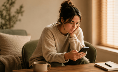 Mulher adulta observando o celular em ambiente doméstico, representando ansiedade, atenção e uso problemático de tecnologia.