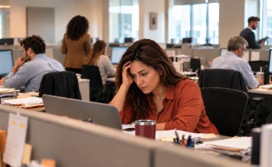 mulher sobrecarregada no ambiente de trabalho