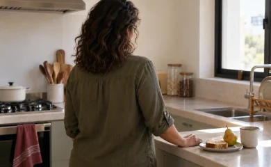 Mulher de costas, com cabelos soltos, diante de uma bancada de cozinha com pão, uma pera e uma caneca.
