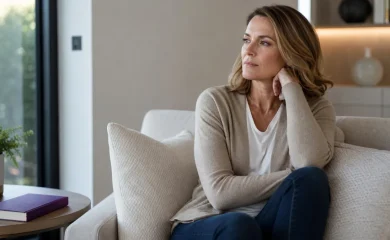 Mulher adulta sentada em um sofá, em ambiente acolhedor, com expressão reflexiva.