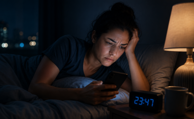 Pessoa acordada à noite usando o celular enquanto tenta dormir