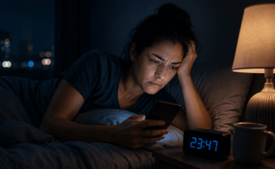 Pessoa acordada à noite usando o celular enquanto tenta dormir