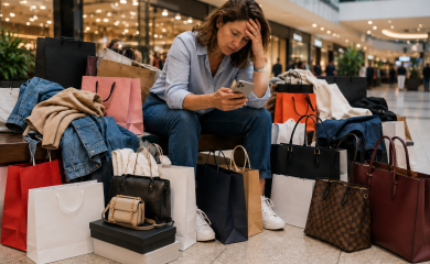 Pessoa diante de compras e celular, representando a perda de controle associada à oniomania