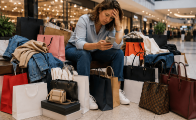 Pessoa diante de compras e celular, representando a perda de controle associada à oniomania